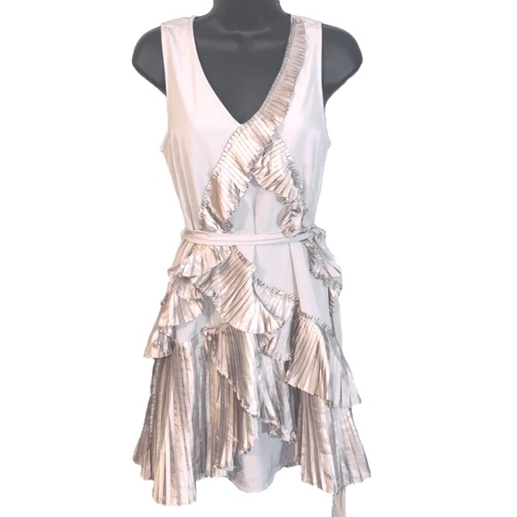 GAP Vintage Sleeveless Mini Dress in Grey/Taupe with Champagne Ruffles Size XS - Picture 9 of 10